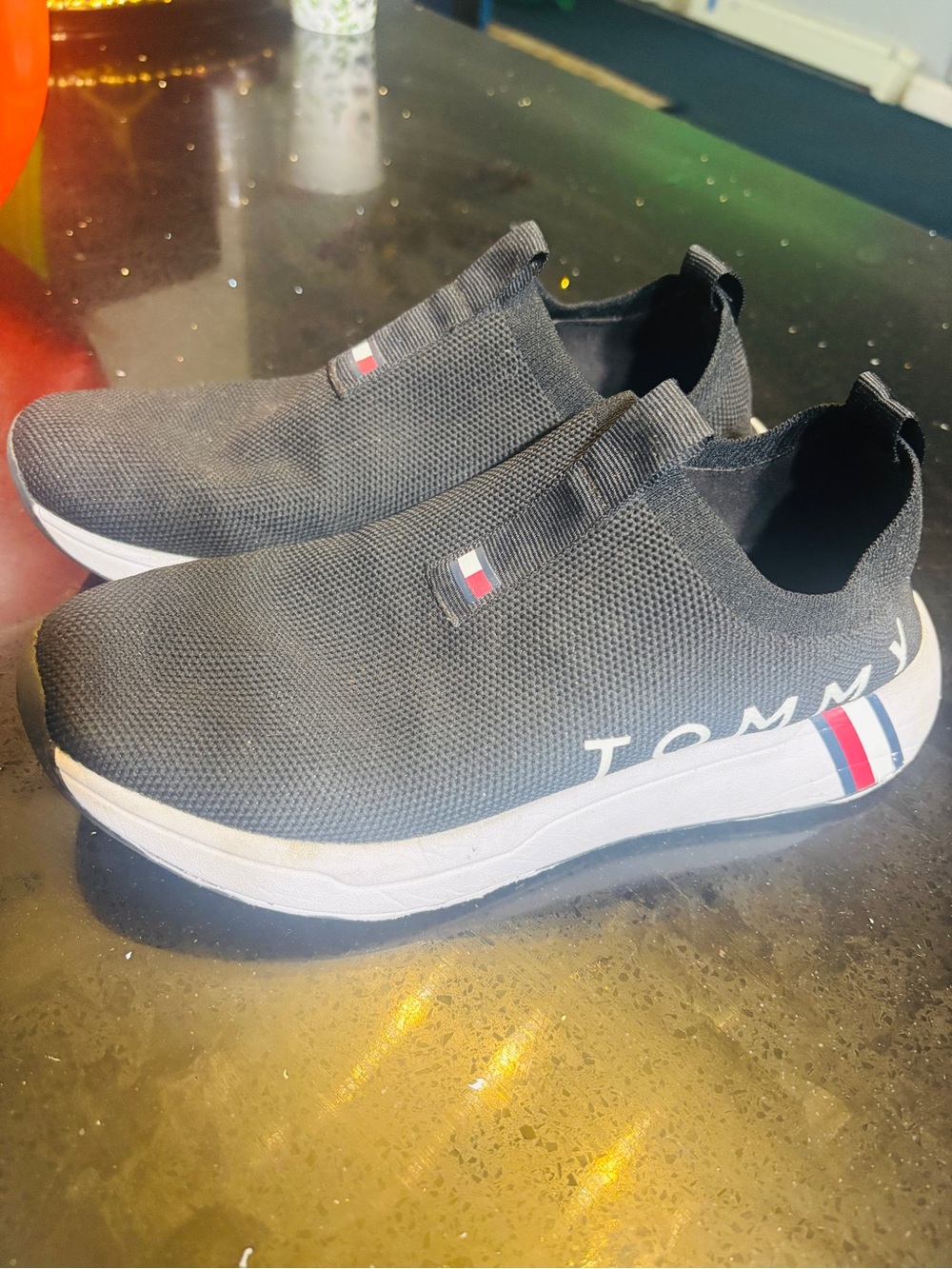 Tommy Hilfiger Black Knit Slip-On Sneakers with Flag Accent